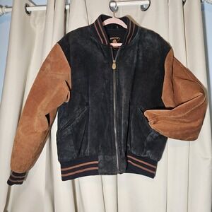 Genuine Leather Suede Bomber Jacket Coat Zip Pocket Lined Varsity Mens L Phase 3